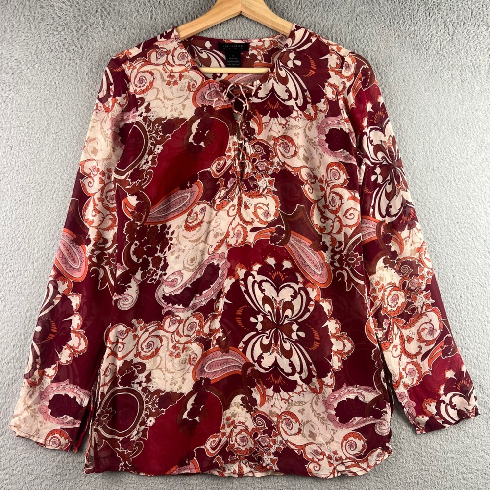 The Limited Silk Blouse Small Burgundy Paisley Lace Up Long Sleeve Chiffon Top